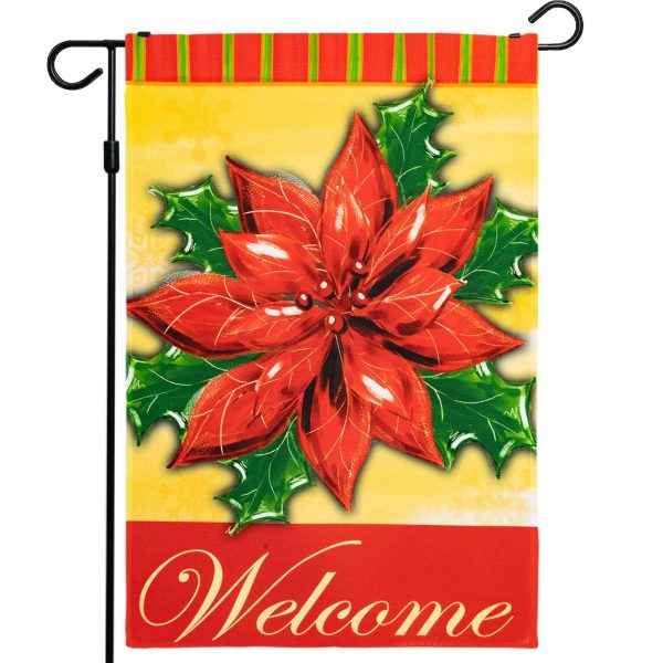G128 - Christmas Garden Flag, Christmas and Winter Themed Decorations - Welcome Quote with Red Poinsettia Flower, Rustic Holiday Seasonal Outdoor Flag 12x18 Inch