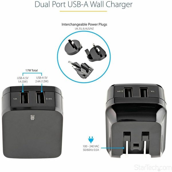 StarTech.com Travel USB Wall Charger - 2 Port - Black - Universal Travel Adapter - International Power Adapter - USB Charger - Image 2