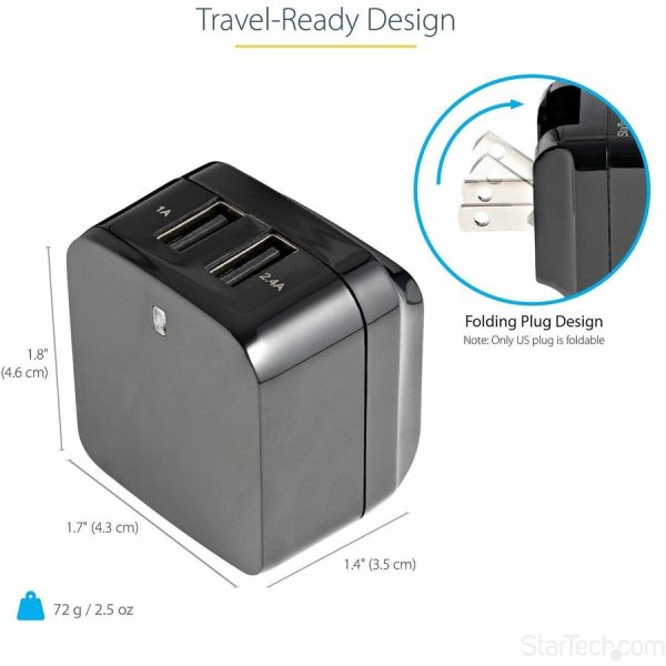 StarTech.com Travel USB Wall Charger - 2 Port - Black - Universal Travel Adapter - International Power Adapter - USB Charger - Image 3