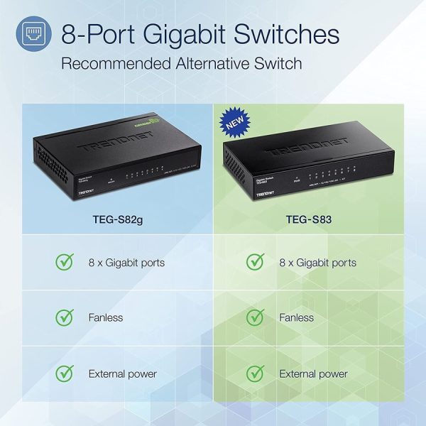 TRENDnet 8-Port Gigabit Desktop Switch, TEG-S83, 8 x Gigabit RJ-45 Ports, 16Gbps Switching Capacity, Fanless Design, Metal Enclosure, Lifetime Protection, Black - Image 2