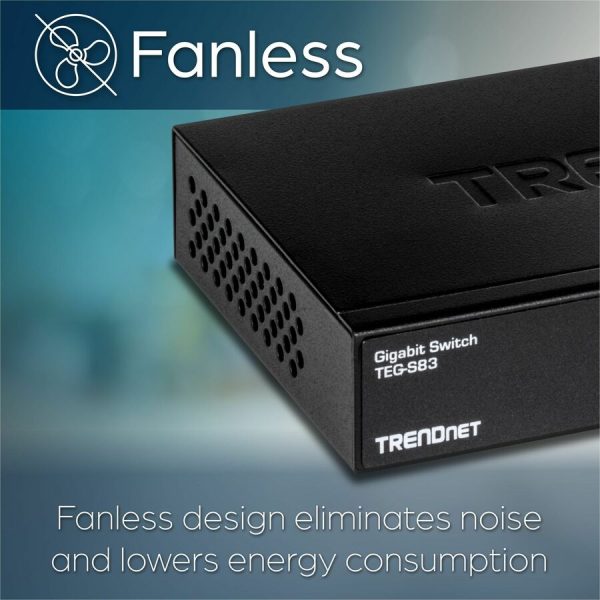 TRENDnet 8-Port Gigabit Desktop Switch, TEG-S83, 8 x Gigabit RJ-45 Ports, 16Gbps Switching Capacity, Fanless Design, Metal Enclosure, Lifetime Protection, Black - Image 7