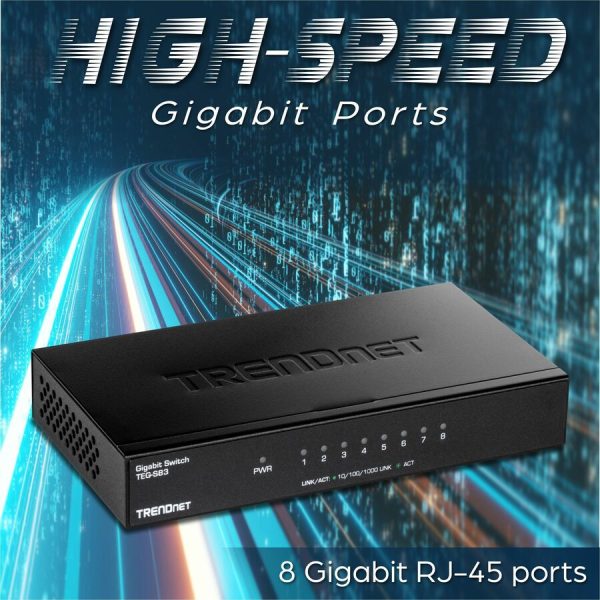 TRENDnet 8-Port Gigabit Desktop Switch, TEG-S83, 8 x Gigabit RJ-45 Ports, 16Gbps Switching Capacity, Fanless Design, Metal Enclosure, Lifetime Protection, Black - Image 8