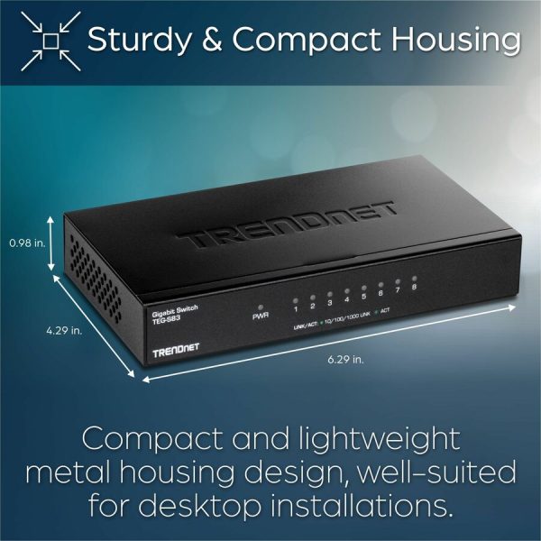 TRENDnet 8-Port Gigabit Desktop Switch, TEG-S83, 8 x Gigabit RJ-45 Ports, 16Gbps Switching Capacity, Fanless Design, Metal Enclosure, Lifetime Protection, Black - Image 9