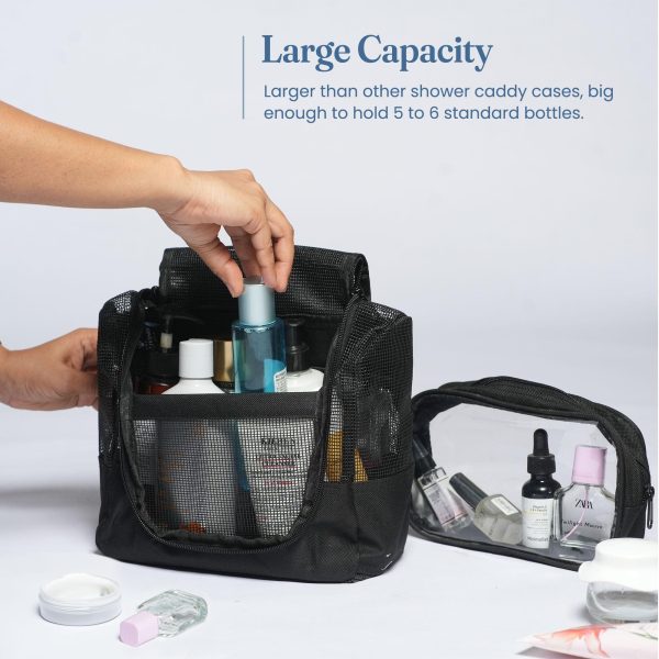 The Fine Living Co. Portable Hanging Shower Caddy Organizer Bag (Free Toiletries Case Metal Hook) Quick Dry Mesh Shower Caddy Tote Bag Pouch For Bathroom College Dorm Camp Gym Camping 10”x4”x8”(Black) - Image 3