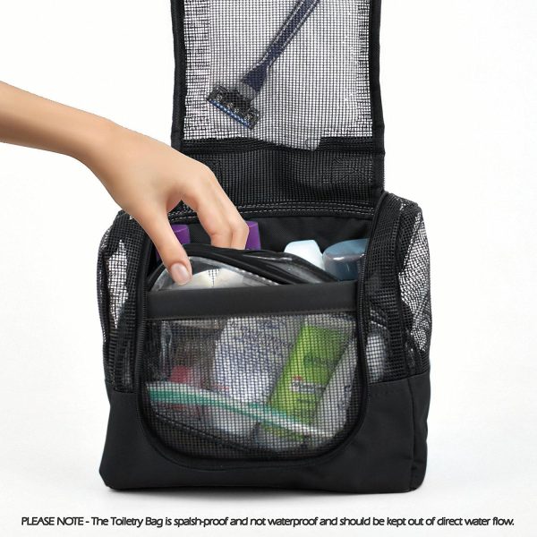 The Fine Living Co. Portable Hanging Shower Caddy Organizer Bag (Free Toiletries Case Metal Hook) Quick Dry Mesh Shower Caddy Tote Bag Pouch For Bathroom College Dorm Camp Gym Camping 10”x4”x8”(Black) - Image 4
