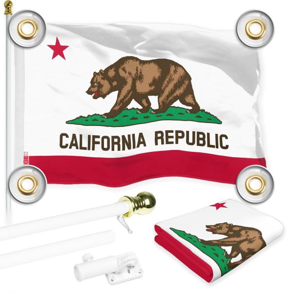 G128 Combo Pack: 6 Ft Tangle Free Aluminum Spinning Flagpole (White) & California CA State Flag 3x5 Ft, LiteWeave Pro Series Printed 150D Polyester, 4 Corner Brass Grommets | Pole with Flag Included