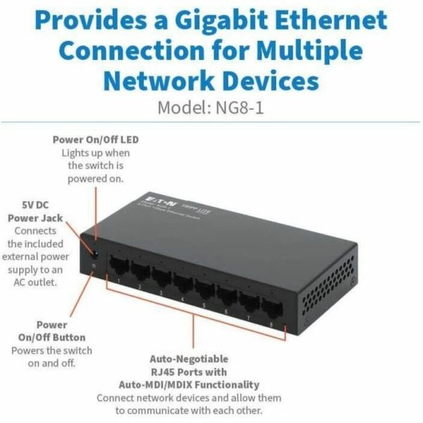 Eaton Tripp Lite Series 8-Port 10/100/1000 Mbps Desktop Gigabit Ethernet Unmanaged Switch, Metal Enclosure - Image 9