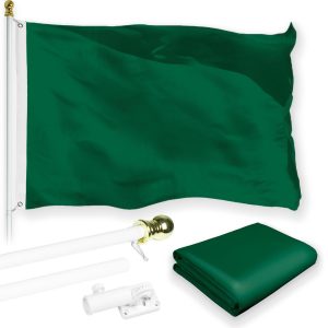 G128 Combo Pack: 5 Ft Tangle Free Aluminum Spinning Flagpole (White) & Solid Dark Green Color Flag 2.5x4 Ft, LiteWeave Pro Series Printed 150D Polyester | Pole with Flag Included