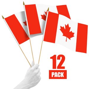 G128 12 Pack Handheld Canada Canadian Stick Flags | 12x18 In | Printed 150D Polyester, Country Flag, Solid Wooden Stick, Spear Gold Tip