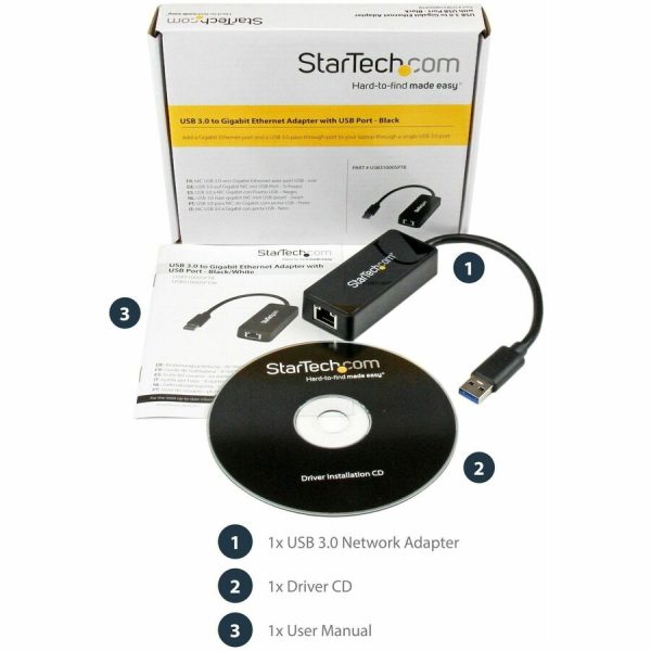 StarTech.com USB 3.0 to Gigabit Ethernet Adapter NIC w/ USB Port - Black - Image 2