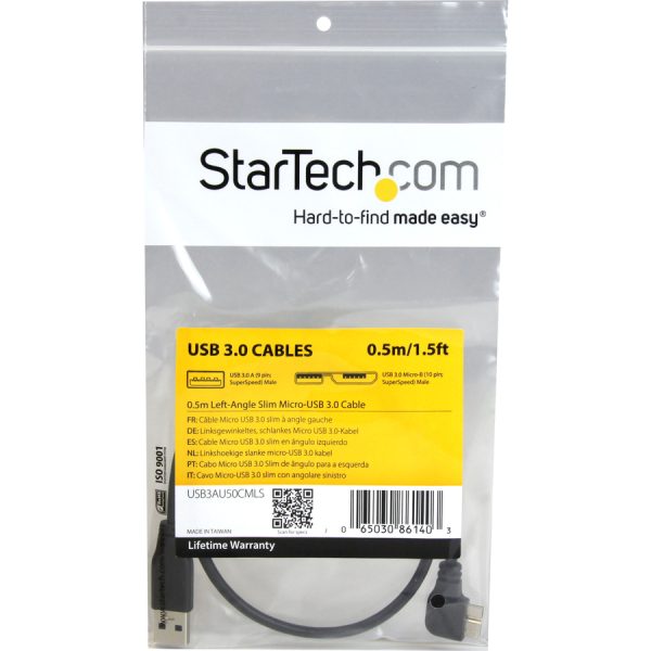 StarTech.com 0.5m 20in Slim Micro USB 3.0 (5Gbps) Cable - M/M - USB 3.0 A to Left-Angle Micro USB - USB 3.2 Gen 1 - Image 4
