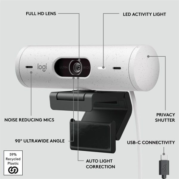 Logitech Brio 500 Full HD webcam, auto framing, noise-reducing mics, privacy shutter, streaming & video calling, Off-white - Image 7