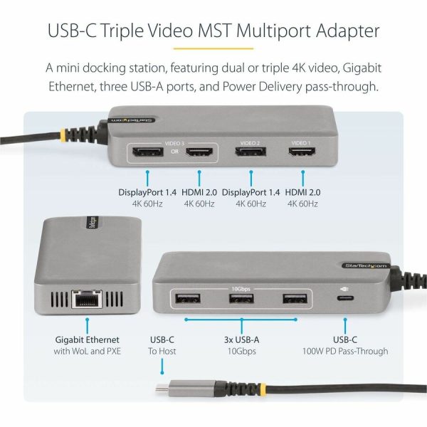 StarTech.com USB-C Triple-Monitor Multiport Adapter, HDMI & DisplayPort, 3x 10Gbps USB Hub, PD Pass-Through, GbE, Travel Docking Station - Image 3