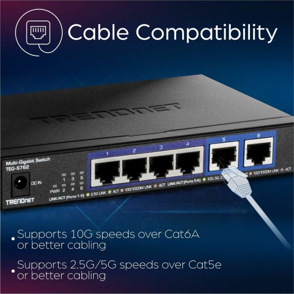 TRENDnet 6-Port 10G Switch, 4 x 2.5G RJ-45 Base-T Ports, 2 x 10G RJ-45 Ports, 60Gbps Switching Capacity, Wall Mountable, 10 Gigabit Network Connections, Lifetime Protection, Black, TEG-S762 - Image 6