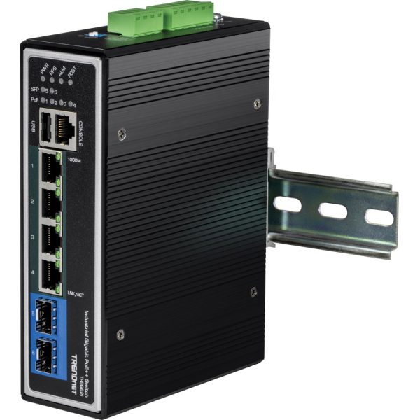 TRENDnet 6-Port Industrial Gigabit L2+ Managed PoE++ DIN Rail Switch, 4 x Gigabit PoE++ Ports, DIN-Rail Mount, 2 x SFP Slots, IP30, VLAN, QoS, LACP, Bandwidth Management, ERPS, Black, TI-BG62i - Image 4