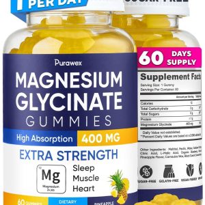 Magnesium Glycinate Gummies 400mg High Absorption Magnesium Supplement for Adults and Kids Sugar Free Gelatin Free Vegan Friendly Non GMO 60 Days Supply   Pineapple