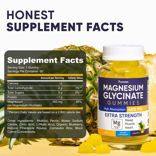 Magnesium Glycinate Gummies 400mg High Absorption Magnesium Supplement for Adults and Kids Sugar Free Gelatin Free Vegan Friendly Non GMO 60 Days Supply   Pineapple - Image 4