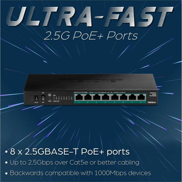 TRENDnet 8-Port Unmanaged 2.5G PoE+ Switch, Fanless, Compact Desktop Design, Metal Housing, 2.5GBASE-T Ports, IEEE 802.3bz, 100W PoE Budget, Lifetime Protection, Black, TPE-TG380 - Image 3