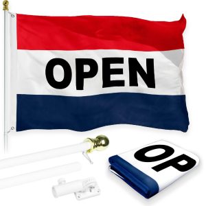G128 Combo Pack: 5 Ft Tangle Free Aluminum Spinning Flagpole (White) & Open Flag 2x3 Ft, LiteWeave Pro Series Printed 150D Polyester | Pole with Flag Included