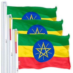 G128 3 Pack: Ethiopia (Ethiopian) Flag | 3x5 feet | Printed 150D Indoor/Outdoor, Vibrant Colors, Brass Grommets, Quality Polyester, Much Thicker More Durable Than 100D 75D Polyester