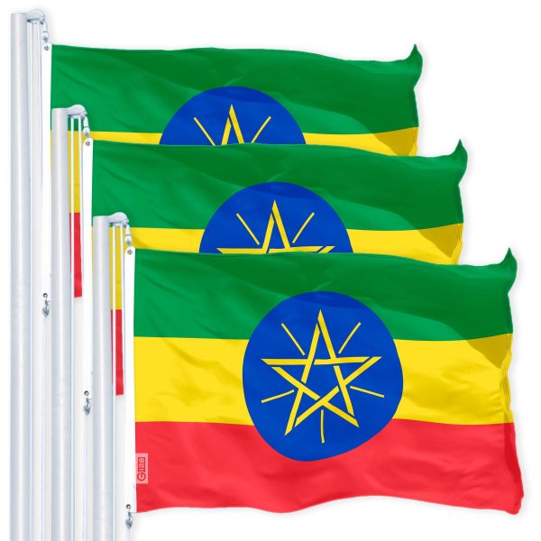 G128 3 Pack: Ethiopia (Ethiopian) Flag | 3x5 feet | Printed 150D Indoor/Outdoor, Vibrant Colors, Brass Grommets, Quality Polyester, Much Thicker More Durable Than 100D 75D Polyester