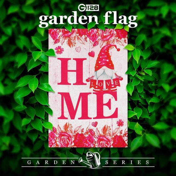 G128 Garden Flag Happy Valentine's Day Gnome Holding Love Sign 12"x18" Blockout Fabric - Image 2