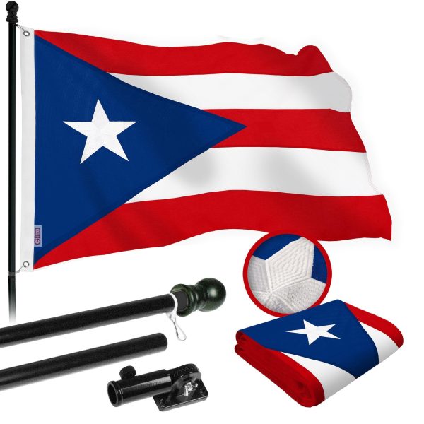 G128 Combo Pack: 5 Ft Tangle Free Spinning Flagpole (Black) & Puerto Rico Flag 2x3 Ft Embroidered 220GSM Spun Polyester, Brass Grommets (Flag Included) Aluminum Flag Pole