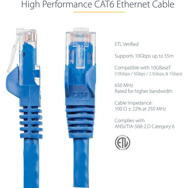 StarTech.com 50ft CAT6 Ethernet Cable - Blue Snagless Gigabit - 100W PoE UTP 650MHz Category 6 Patch Cord UL Certified Wiring/TIA - Image 3