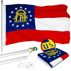 G128 Combo Pack: 5 Ft Tangle Free Aluminum Spinning Flagpole (Silver) & Georgia GA State Flag 2.5x4 Ft, ToughWeave Series Embroidered 300D Polyester | Pole with Flag Included