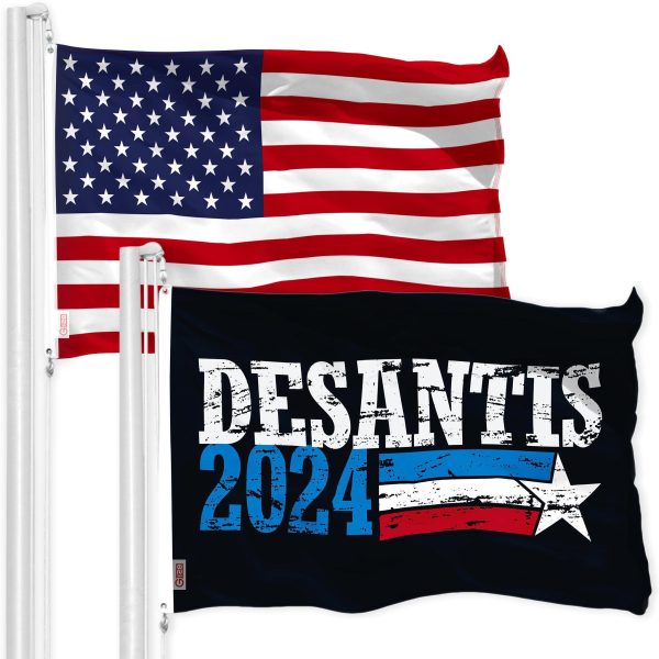G128 Combo Pack: American USA Flag 3x5 Ft & DeSantis Election 2024 Flag 3x5 Ft | Both LiteWeave Pro Series Printed 150D Polyester, Brass Grommets