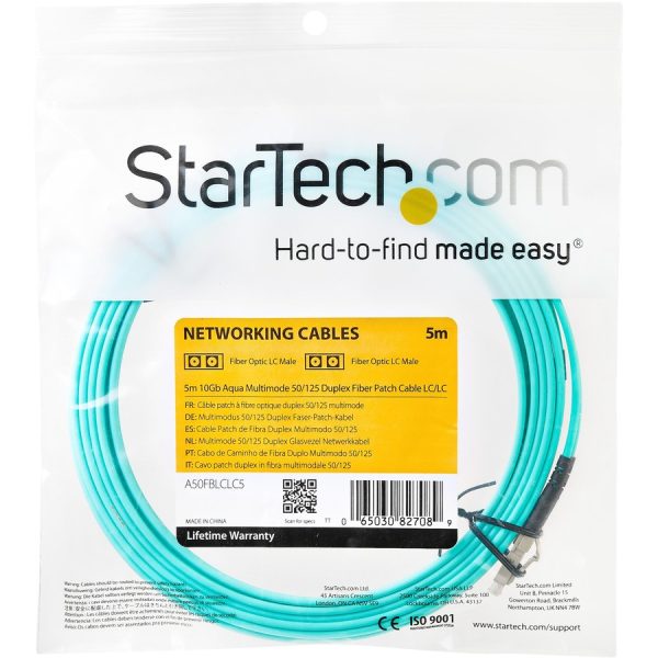 StarTech.com 5m (16.4ft) LC/UPC to LC/UPC OM3 Multimode Fiber Optic Cable, Full Duplex 50/125 Zipcord, 100G, LSZH Fiber Jumper Cord - Image 4
