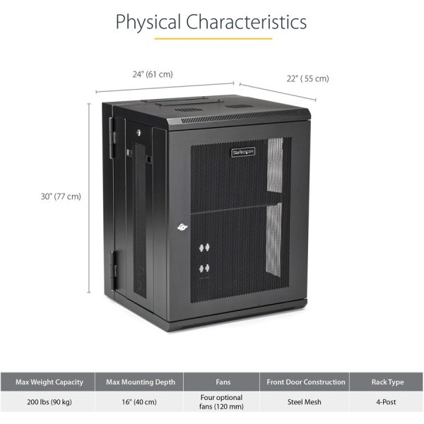 StarTech.com 4-Post 15U Wall Mount Network Cabinet, 19" Hinged Wall-Mounted Server Rack for Data / IT Equipment, Lockable Rack Enclosure - Image 4