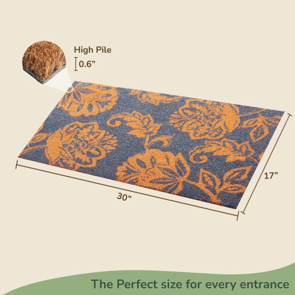 Coir Door Mat Entryway Floor Mats with Non Slip PVC Backing Indoor Outdoor Mat for Front Door Decor Home and Office Welcome Mats with Floral Print Light Blue 30 x17 - Image 2