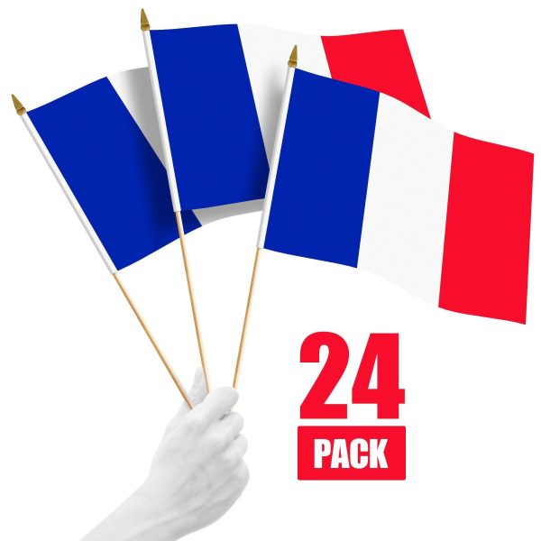 G128 24 Pack Handheld France French Stick Flags | 12x18 In | Printed 150D Polyester, Country Flag, Solid Wooden Stick, Spear Gold Tip