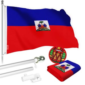 G128 Combo Pack: 5 Ft Tangle Free Spinning Flagpole (Silver) & Haiti Flag 2.5x4 Ft Embroidered 220GSM Spun Polyester, Brass Grommets (Flag Included) Aluminum Flag Pole