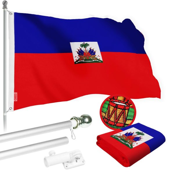 G128 Combo Pack: 5 Ft Tangle Free Spinning Flagpole (Silver) & Haiti Flag 2.5x4 Ft Embroidered 220GSM Spun Polyester, Brass Grommets (Flag Included) Aluminum Flag Pole