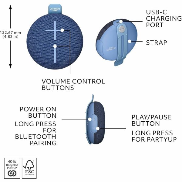 ULTIMATE EARS MINIROLL Ultra-Portable Waterproof Bluetooth Speaker, Big Bass, IP67 Dustproof, 131 ft (40 m) Range - Majestic Blue - Image 8