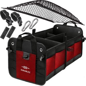Trunk Organizer with Covering Net Attachable Non Slip Pads and Stainless Hooks Red Black