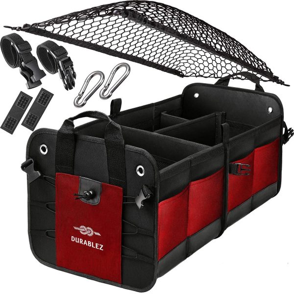 Trunk Organizer with Covering Net Attachable Non Slip Pads and Stainless Hooks Red Black