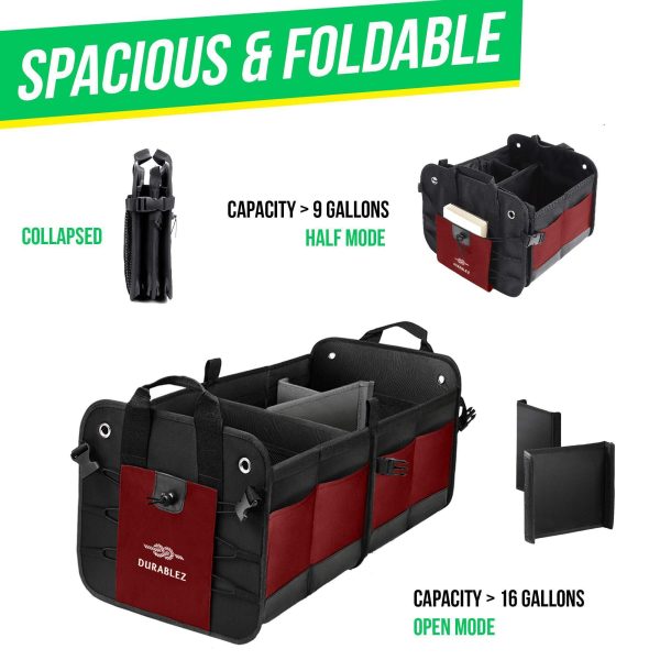 Trunk Organizer with Covering Net Attachable Non Slip Pads and Stainless Hooks Red Black - Image 4