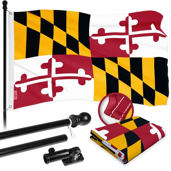 G128 Combo Pack: 6 Ft Tangle Free Aluminum Spinning Flagpole (Black) & Maryland MD State Flag 3x5 Ft, ToughWeave Series Embroidered 300D Polyester | Pole with Flag Included