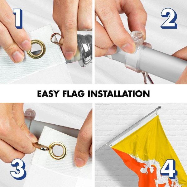 G128 Combo Pack: 6 Ft Tangle Free Spinning Flagpole (Silver) & Bhutan Flag 3x5 Ft Printed 150D Polyester, Brass Grommets (Flag Included) Aluminum Flag Pole - Image 7
