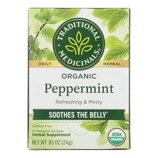 Traditional Medicinals Organic Peppermint Herbal Tea - Caffeine Free - Case of 6 - 16 Bags