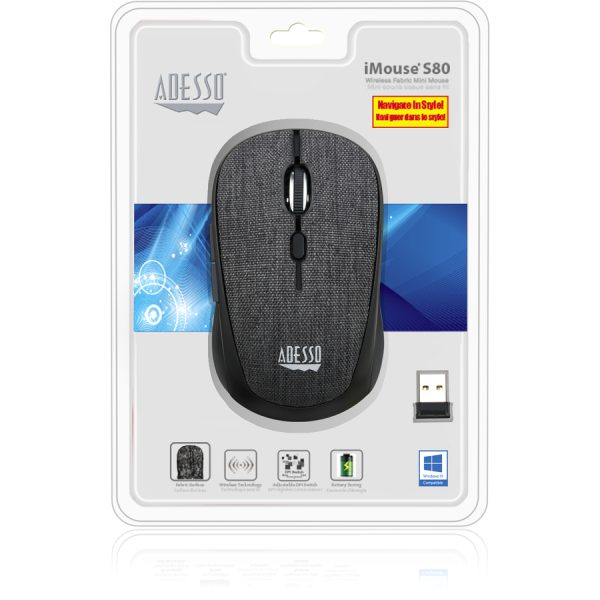 Adesso iMouse S80B - Wireless Fabric Optical Mini Mouse (Black) - Image 3