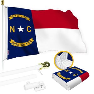 G128 Combo Pack: 5 Ft Tangle Free Spinning Flagpole (White) & North Carolina Flag 2.5x4 Ft Embroidered 220GSM Spun Polyester, Brass Grommets (Flag Included) Aluminum Flag Pole