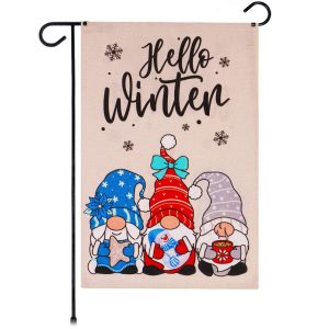 G128 Garden Flag Hello Winter Three Cozy Gnomes 12"x18" Burlap Fabric