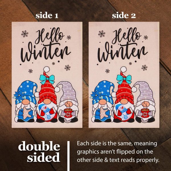 G128 Garden Flag Hello Winter Three Cozy Gnomes 12"x18" Burlap Fabric - Image 3