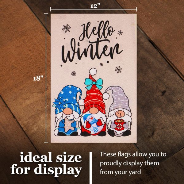 G128 Garden Flag Hello Winter Three Cozy Gnomes 12"x18" Burlap Fabric - Image 4