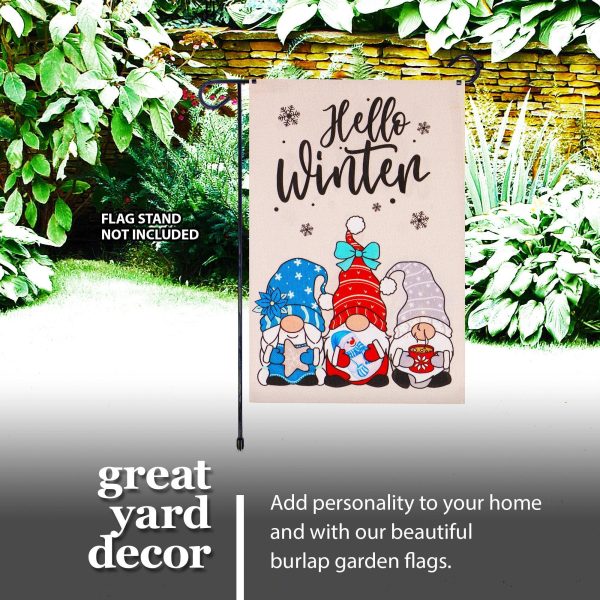 G128 Garden Flag Hello Winter Three Cozy Gnomes 12"x18" Burlap Fabric - Image 9