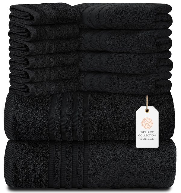 12 Piece Bath Towel Set for Bathroom   Wealuxe Collection 2 Bath Towels 4 Hand Towels 6 Washcloths 100% Cotton Soft and Plush Highly Absorbent Soft Towel for Hotel & Spa   Black